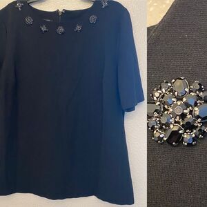 Talbots black embellished beaded brooch black crew neck blouse top Cotton M